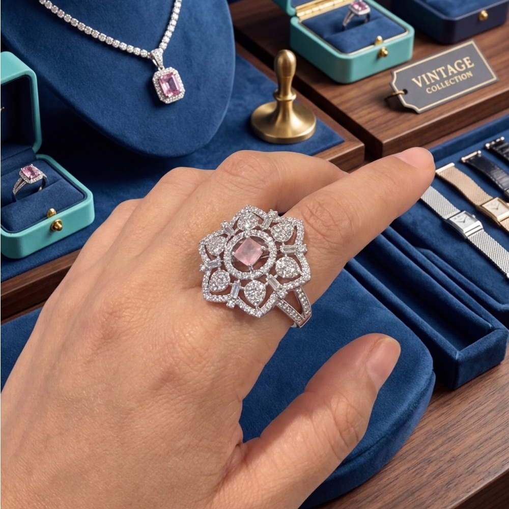 Vintage-Inspired Pink Halo Floral Cocktail Ring - Women Jewelry